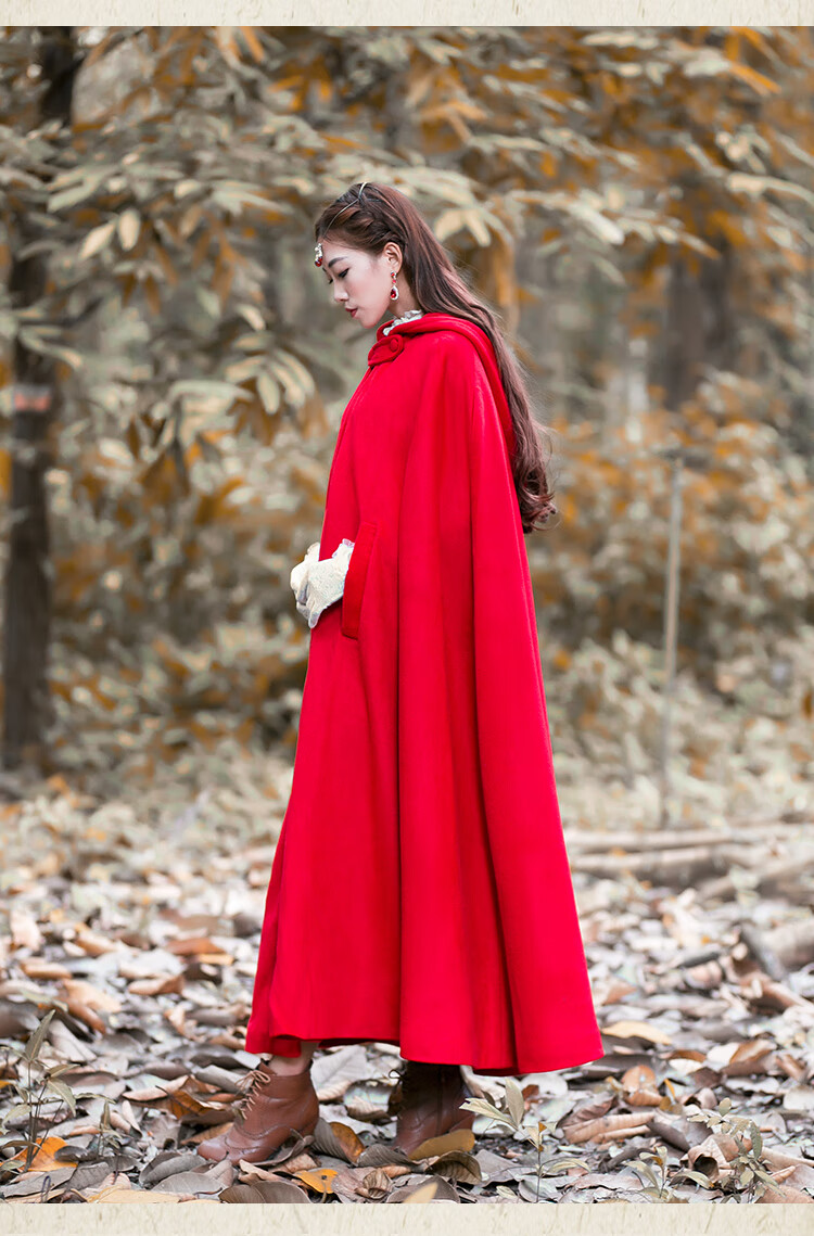无心法师岳绮罗同款大红色斗篷毛呢大衣女外套小红帽披风秋冬 红色