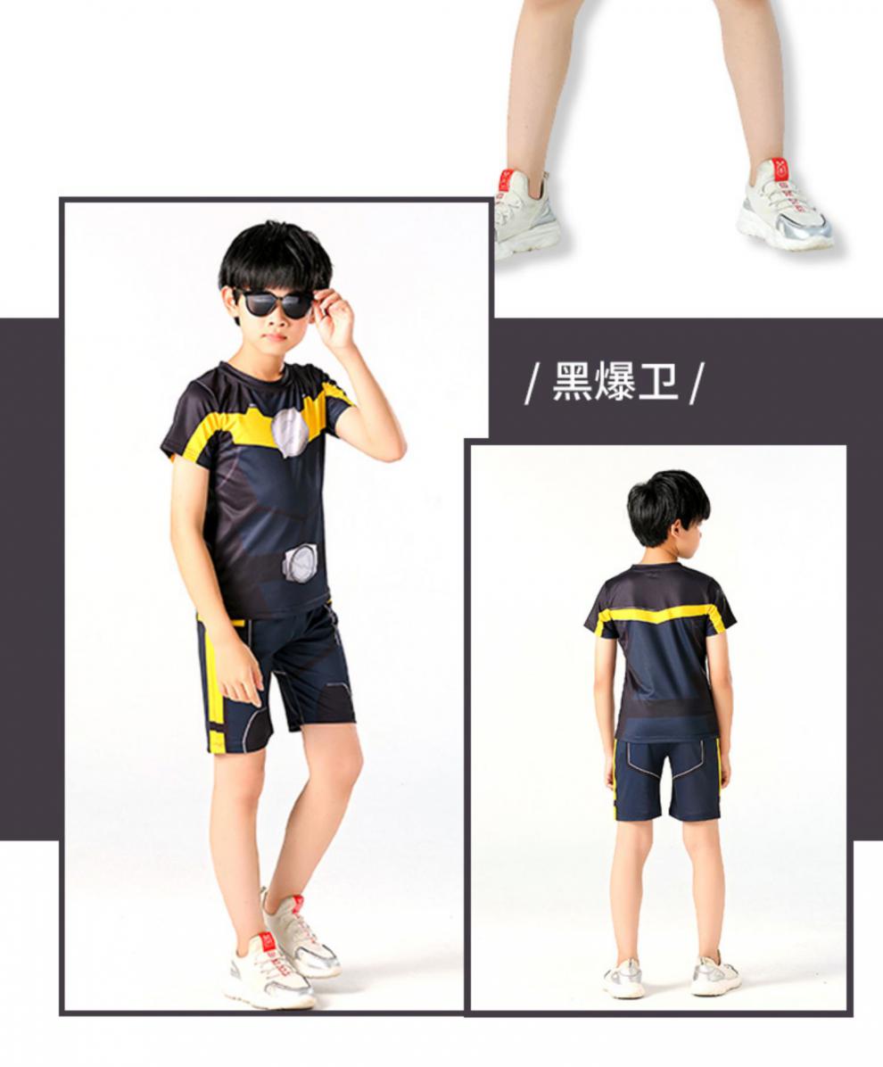 队衣服儿童短袖蜘蛛奥特曼铠甲勇士表演服装夏款速干套装 黑爆卫套装