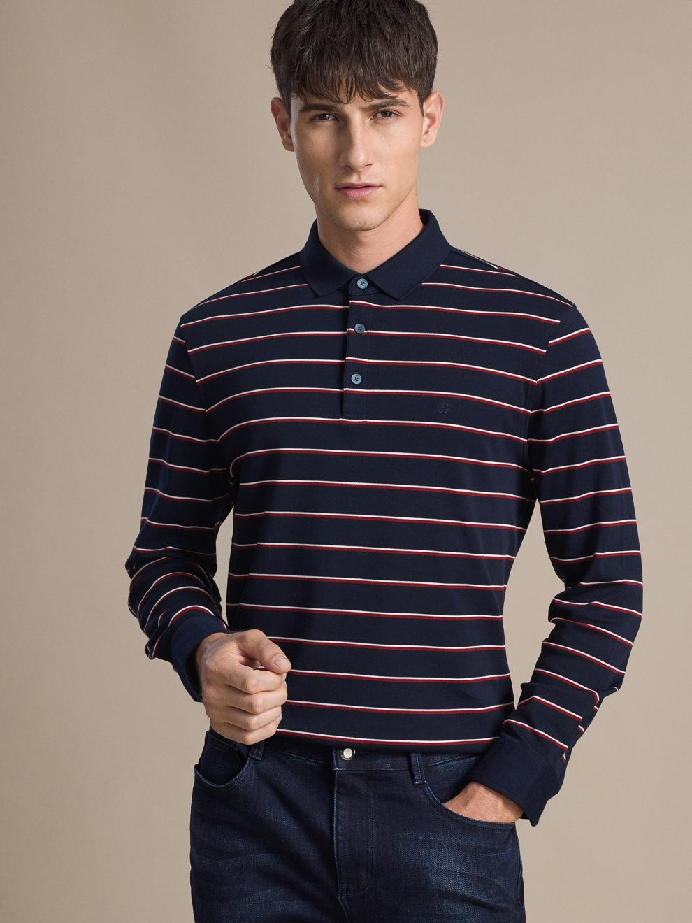 金利来奥特莱斯男装舒适纯棉干透透气双色细条纹翻领男士长袖t恤w蓝