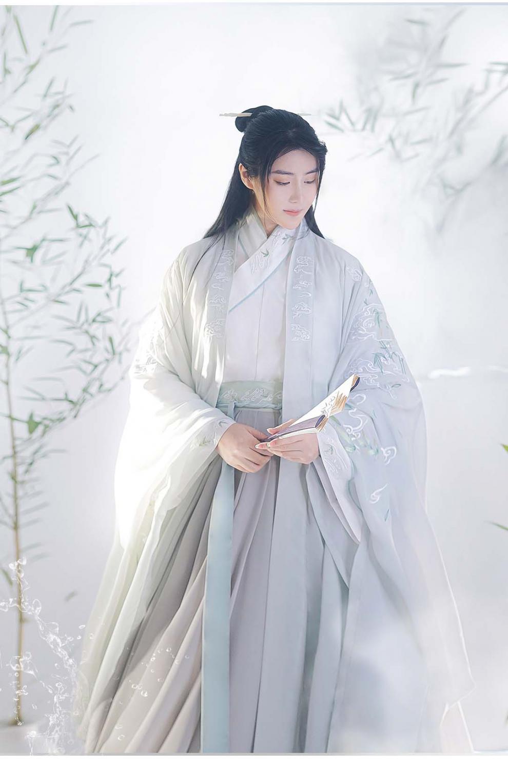 中国风宋制汉服男竹里馆交领褙子大袖衫男女同款魏晋古装夏秋季 浅雾