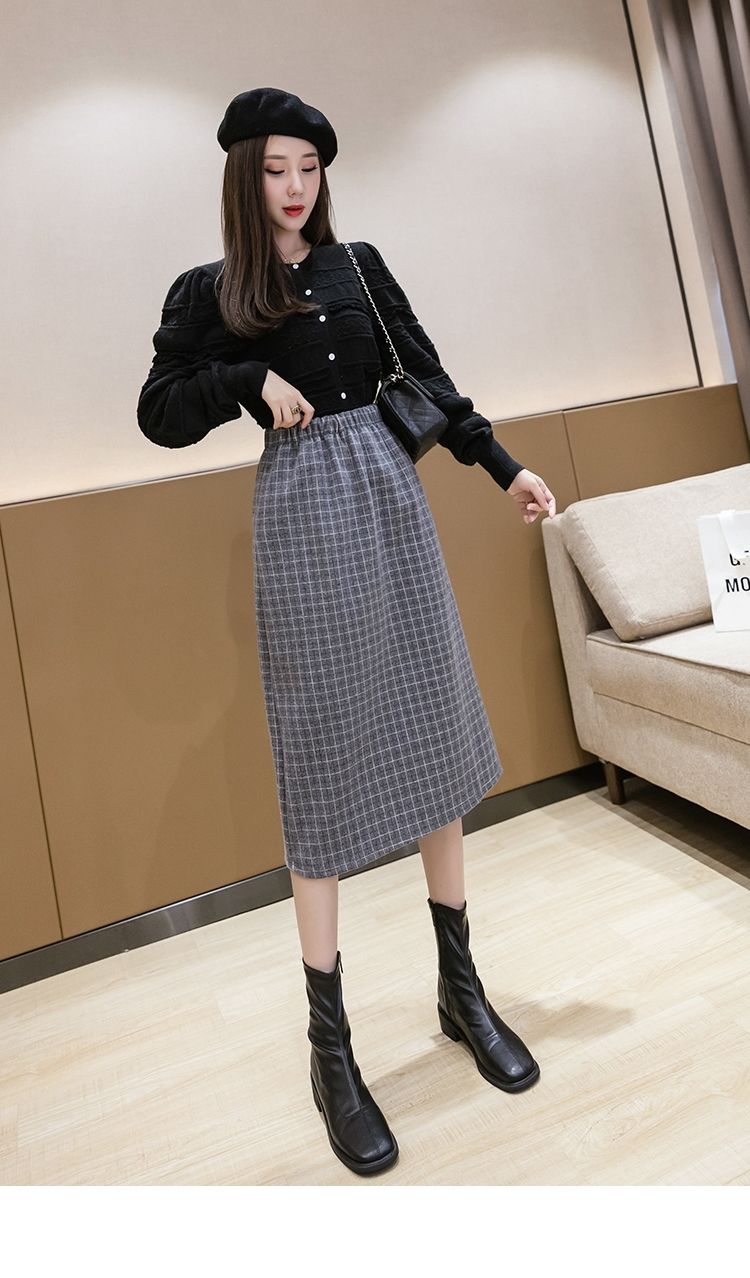2021秋冬新款韩版格子毛呢半身裙女复古显瘦中长款a字开叉毛呢包臀裙