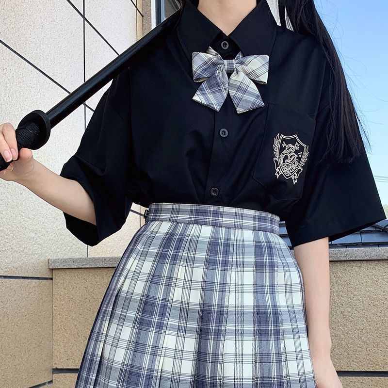 2021原创新款夏季jk制服衬衫女学院风百搭刺绣短袖日系白色衬衣女黑色