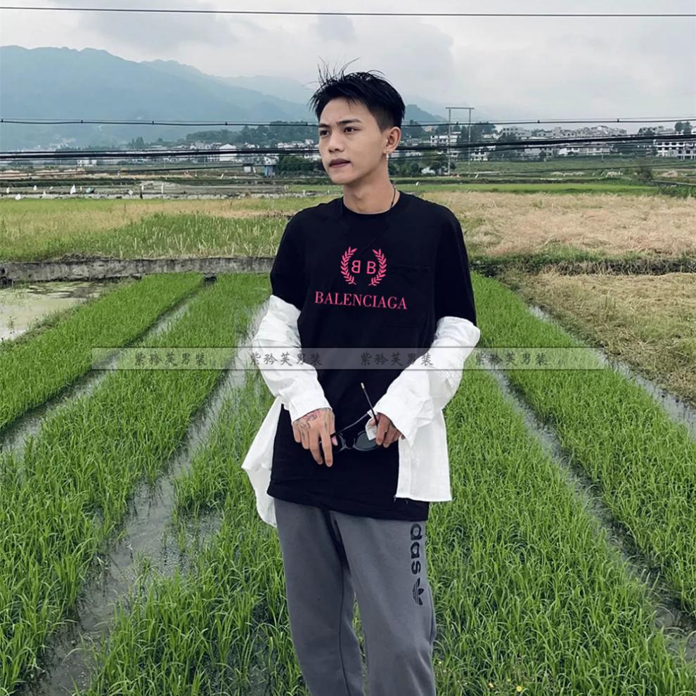 紫矜芙精神小伙男短袖男新款网红潮男花百万凤凰t恤潮2022黑色战马