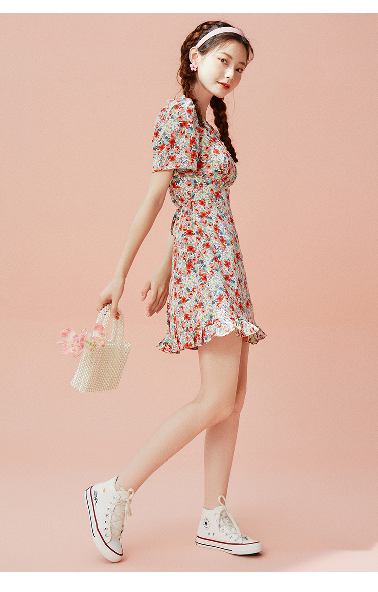 lolypop洛丽帕女装短袖碎花连衣裙新款夏装v领修身裙子中长裙红花色s