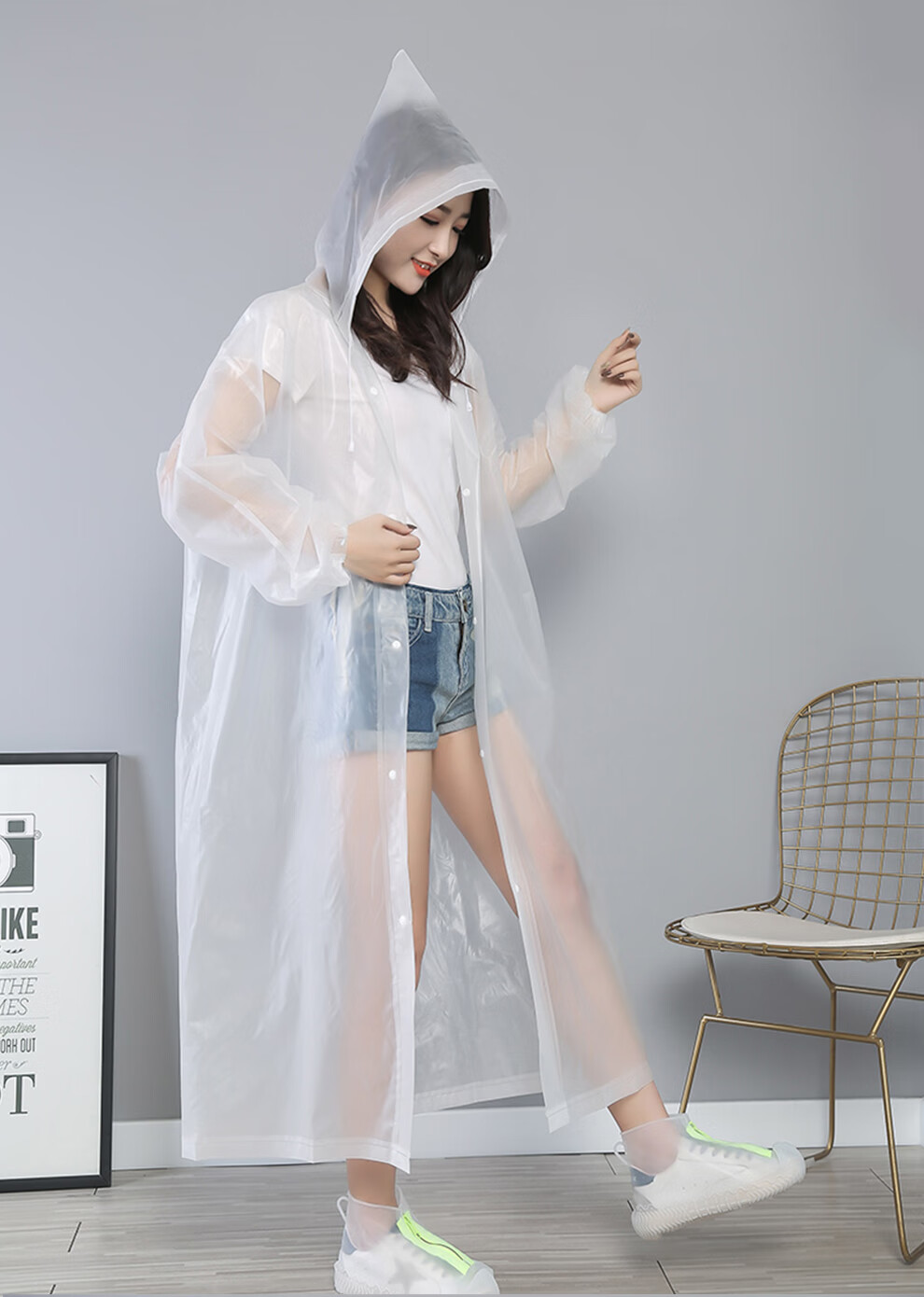 美煌雨衣成人半透明磨砂时尚雨衣非一次性雨衣男女士长款带帽白色防水