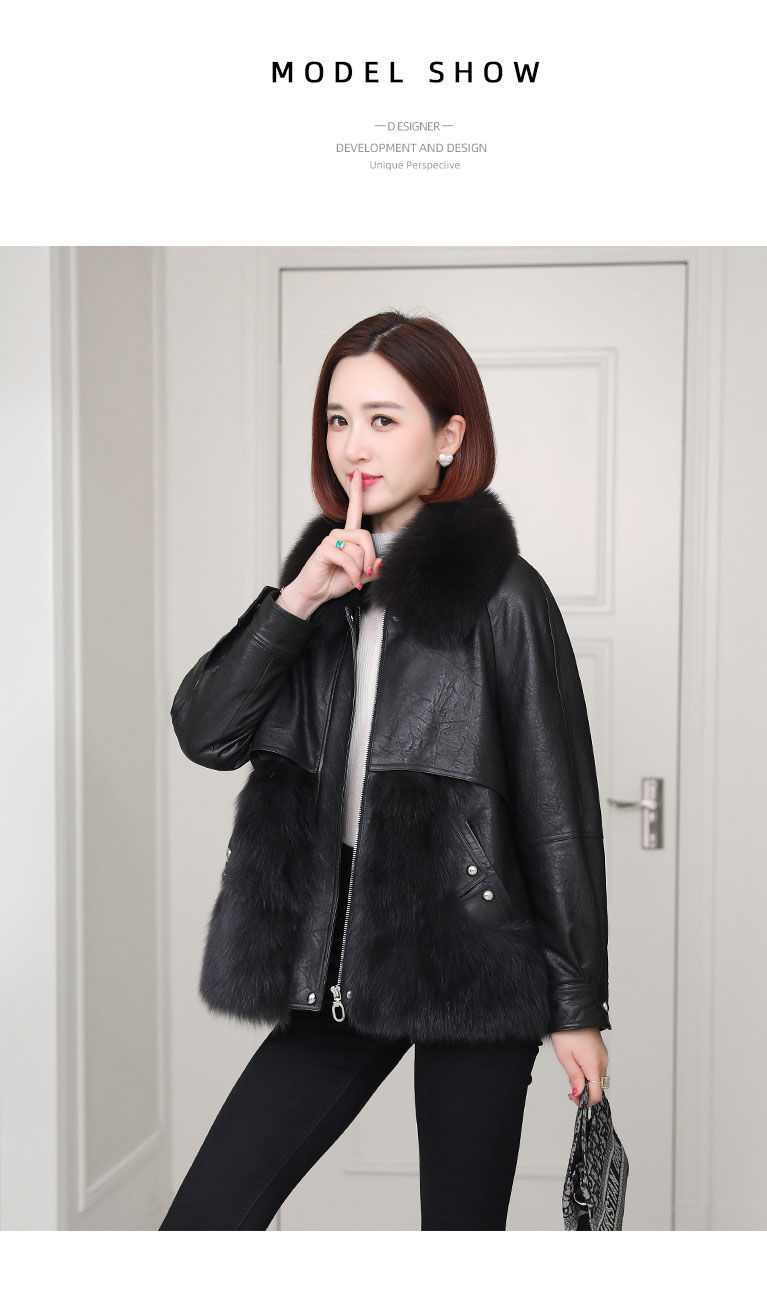 皮衣女皮草外套皮夹克加绒加厚皮毛一体款外套狐狸毛大衣黑色加棉3xl