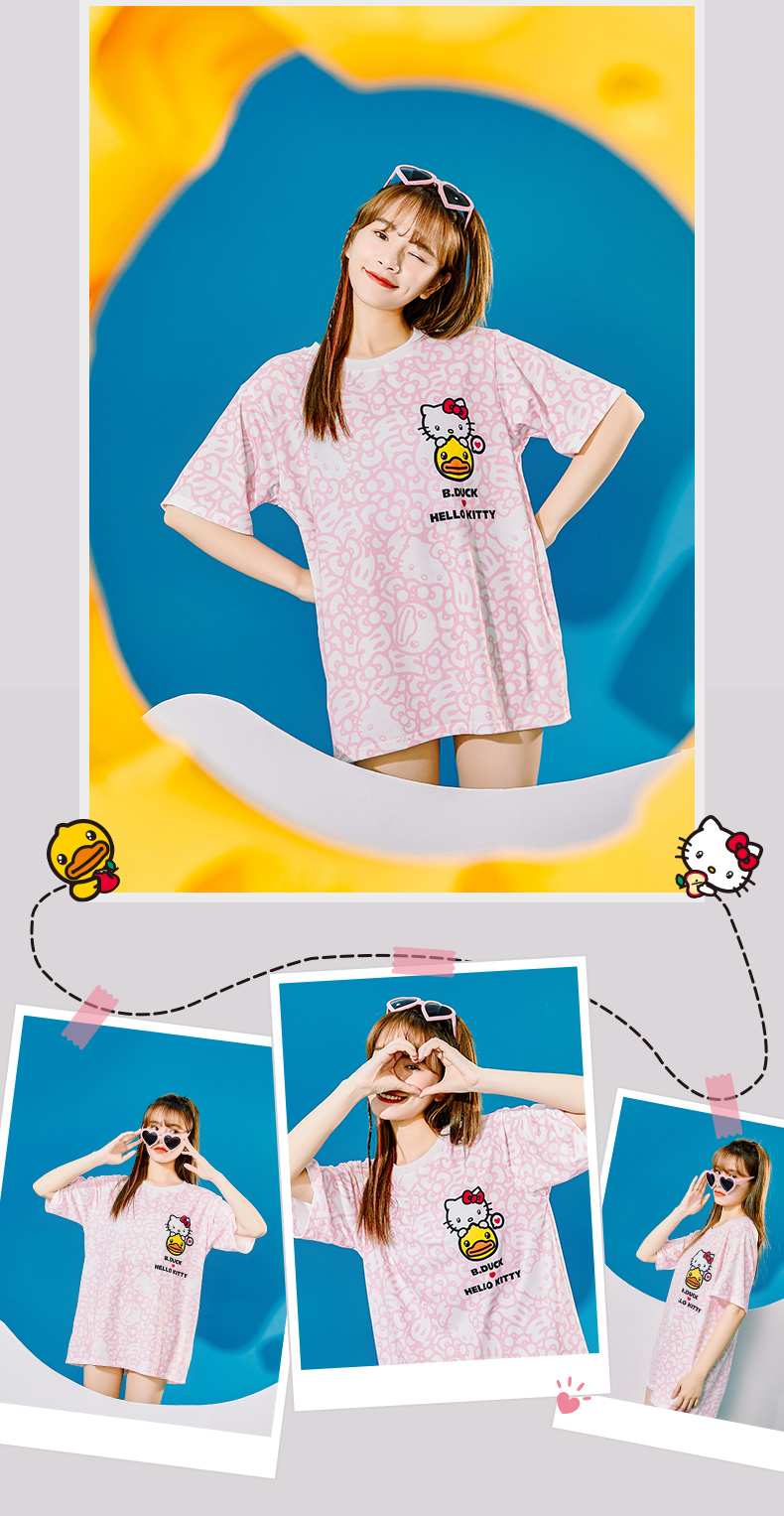 bduck小黄鸭xhellokitty联名短袖t恤女年夏新款宽松少女满印白色l