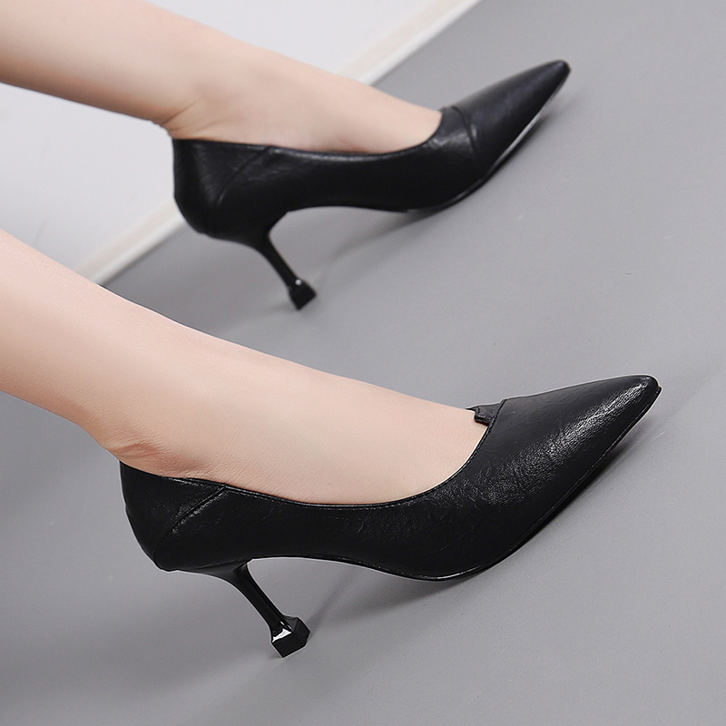 品牌 空姐鞋女软皮尖头高跟鞋细跟浅口小码职业黑色工作鞋单鞋码 黑色