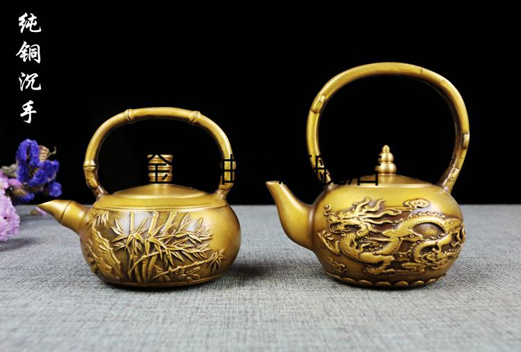 纯黄铜泡茶壶黄铜龙凤壶水滴壶铜壶双龙壶工艺品摆件纯铜仿古茶壶家居
