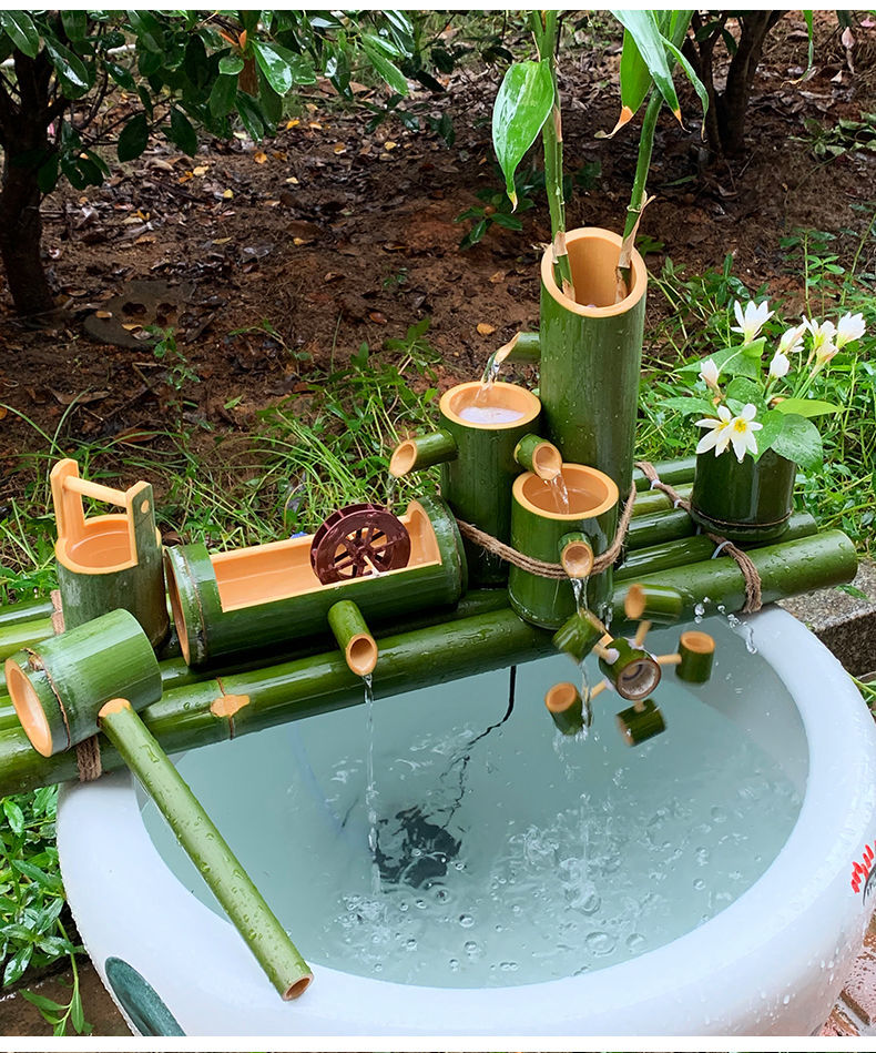 竹子流水器过滤器竹筒摆件陶瓷鱼缸石槽循环喷泉养鱼增氧加湿l步步