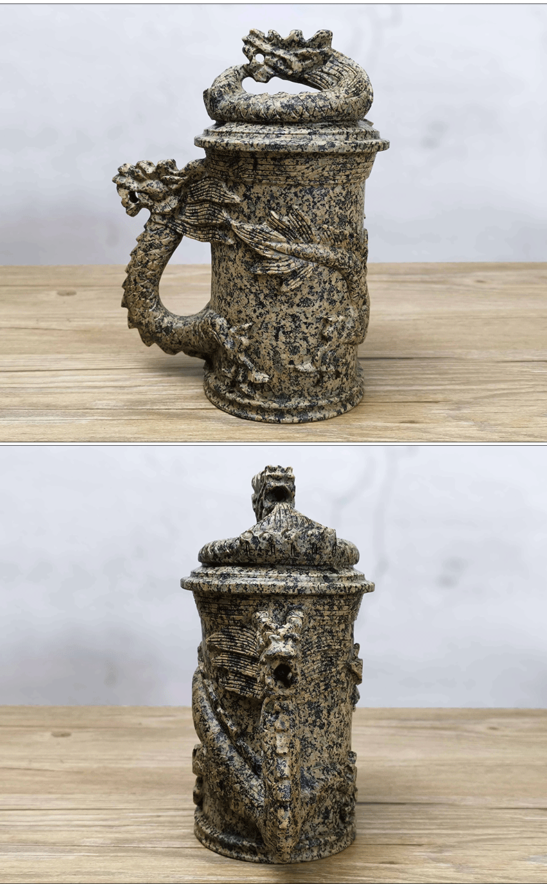 花行麦饭石水杯中华麦饭石水杯盘龙杯马克杯石杯杯保大容量一体雕刻杯