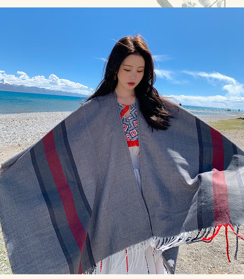 鲜卡 波西米亚水波浪纹开叉斗篷加厚保暖仿羊绒披肩青海西藏旅游披风
