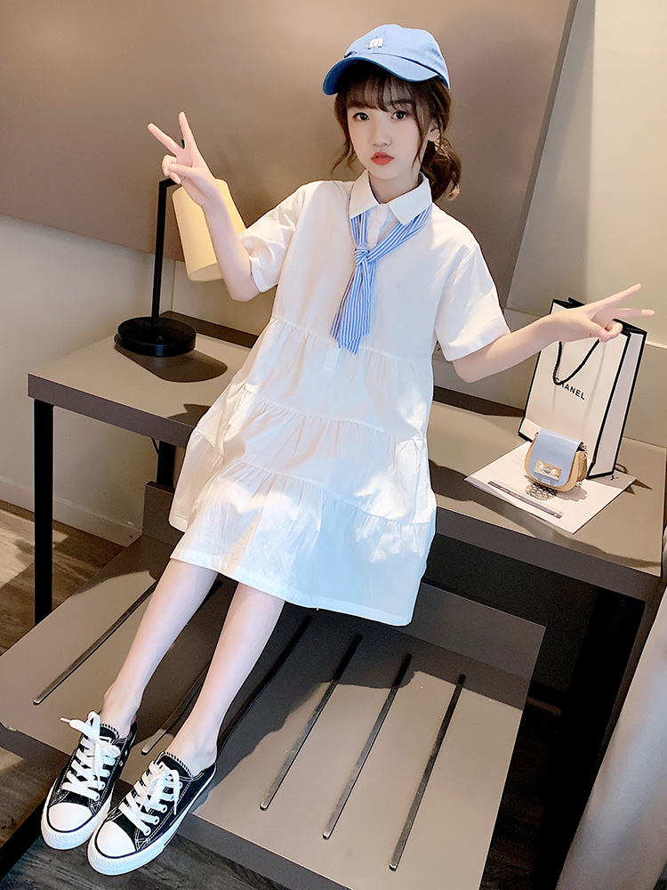 女童连衣裙夏季宽松时尚学院风纯色短袖领带百褶裙315岁女孩夏天穿的