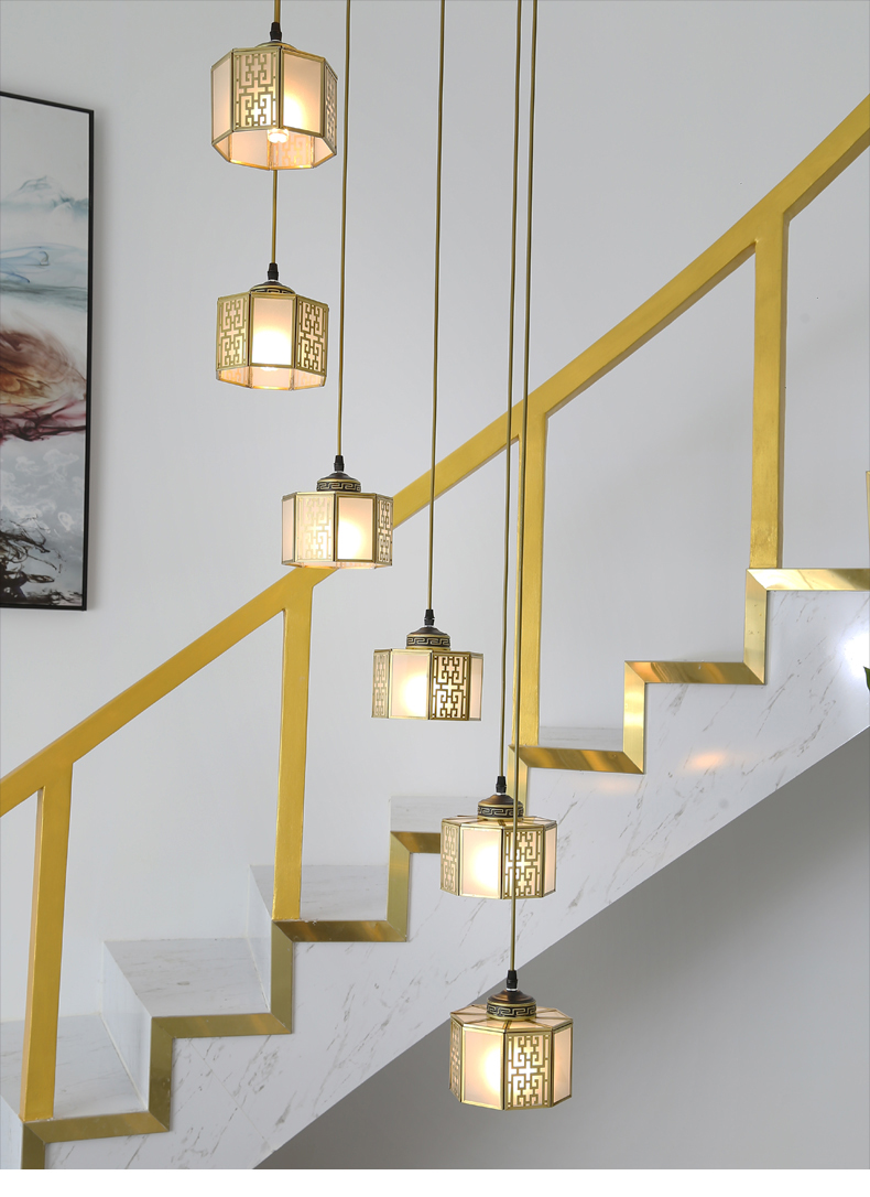 岩元楼梯吊灯新中式全铜楼梯间长吊灯大别墅中空旋转复式楼阁楼纯铜灯