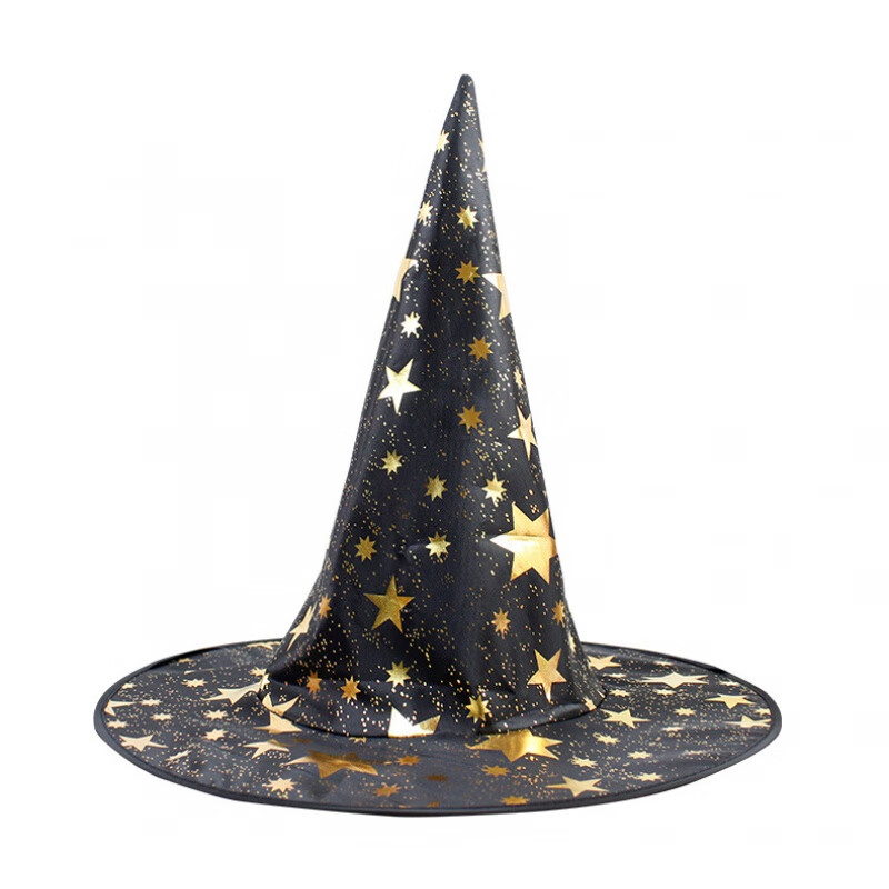 Black Star-Print Witch Hat With Curved Brim