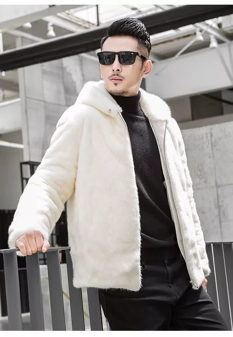 吉普(jeep)轻奢2022貂皮大衣男真貂白色短款连帽进口整貂天鹅绒水貂毛