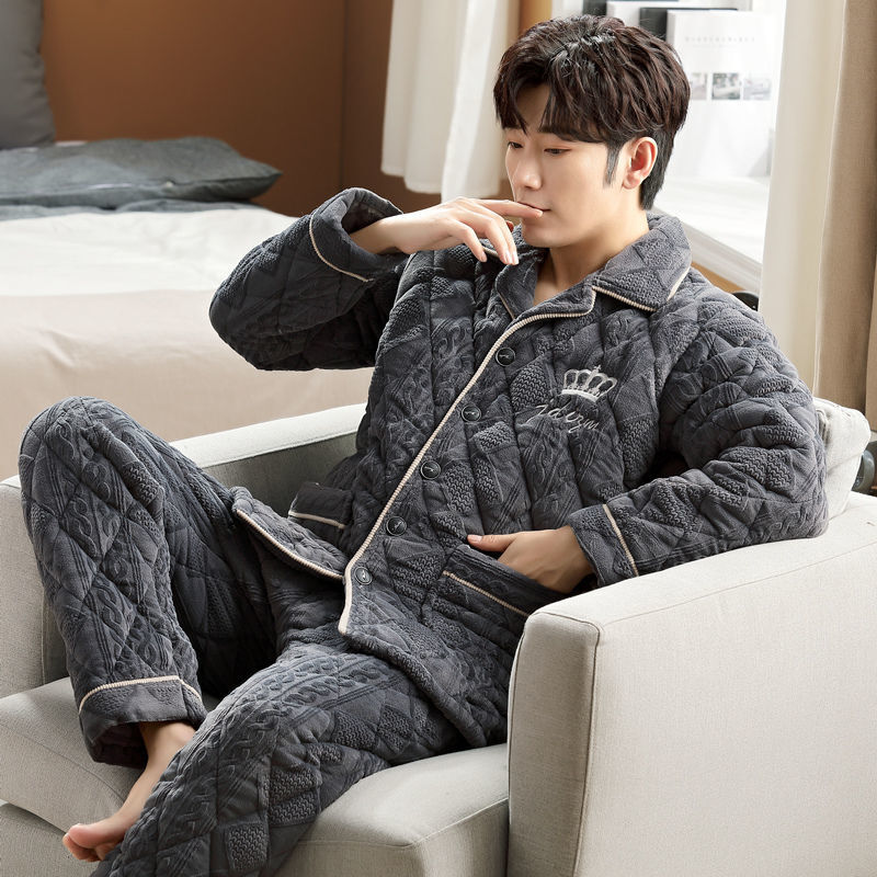 严选品质睡衣男士秋冬季加厚加绒保暖冬款珊瑚绒三层夹棉法兰绒家居服