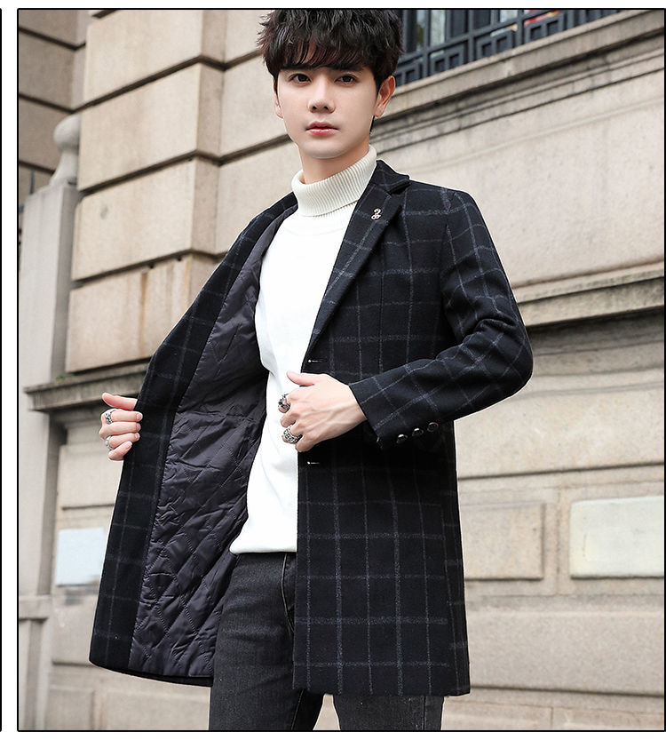 风衣男士秋冬格子呢子大衣男装西服中长款毛呢加厚外套修身上衣潮黑色