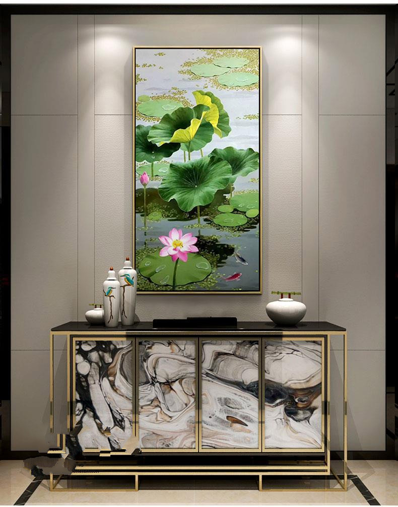 纤雅洁轻奢高端纯手绘油画新中式玄关装饰画手绘油画荷花现代竖版过道