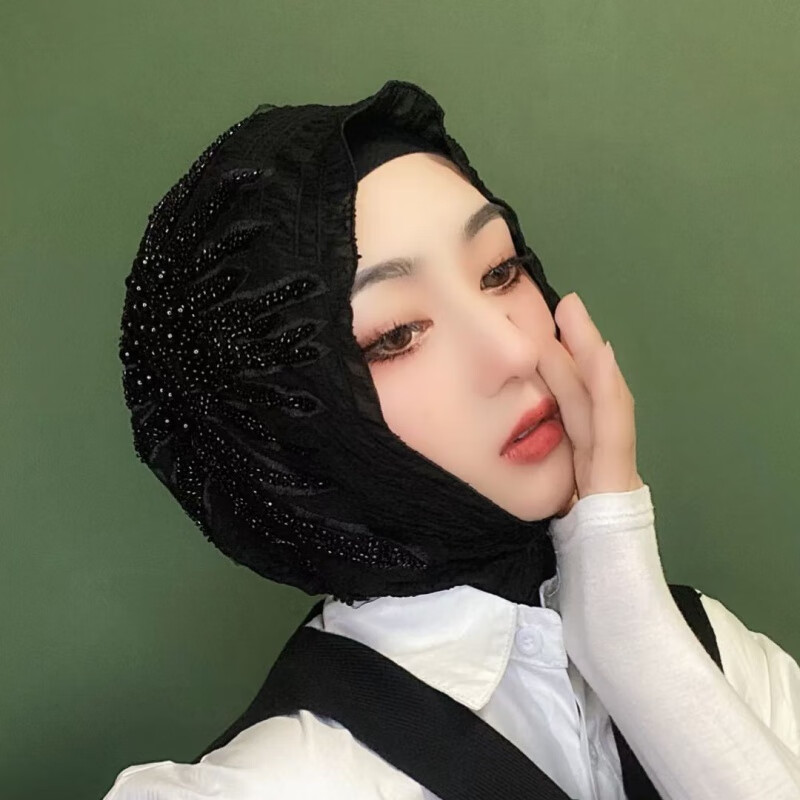 回族女人的套头纱巾纱巾新款重工万寿菊头套手工串珠山茶花头巾回族