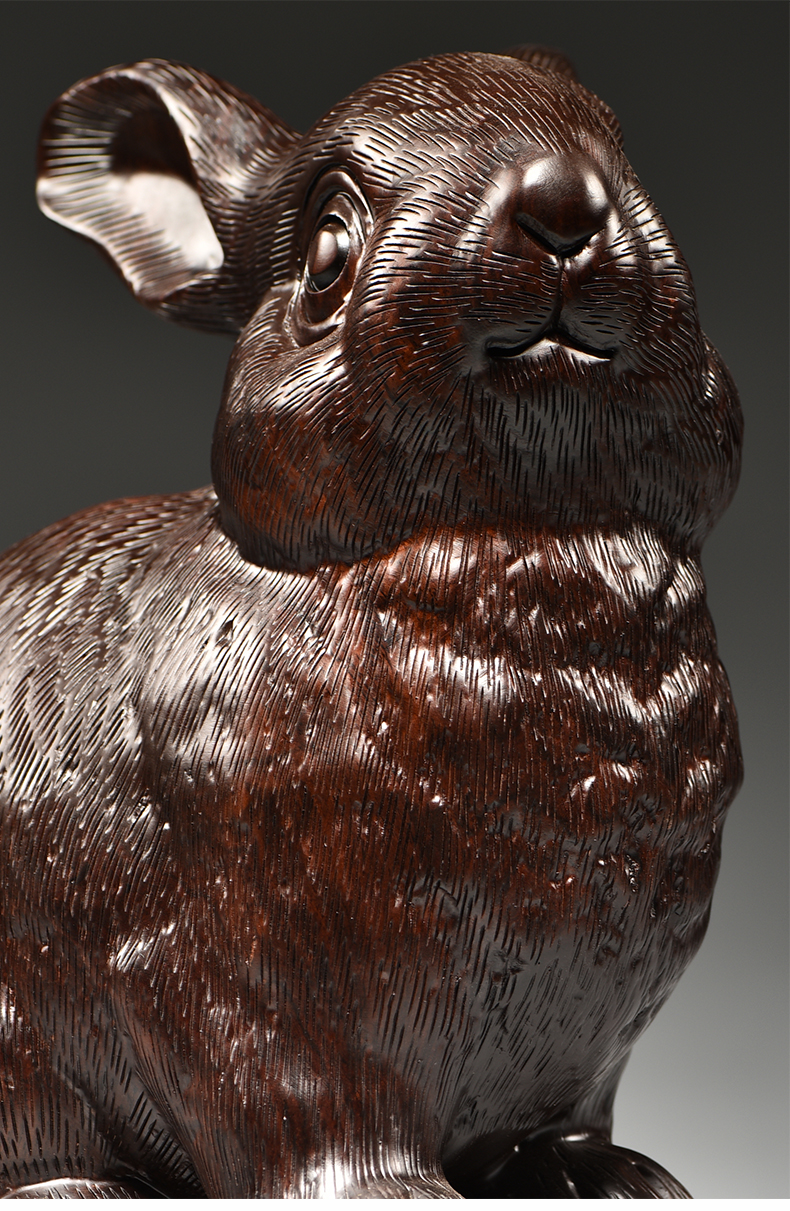 华禧顿实木雕刻兔子摆件红木十二生肖福兔客厅家居装饰品红木工艺品