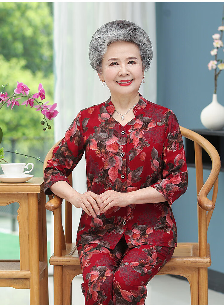 奶奶睡衣女夏装纯棉绸九分袖开衫家居服套装老年人女妈妈装开衫绵绸老