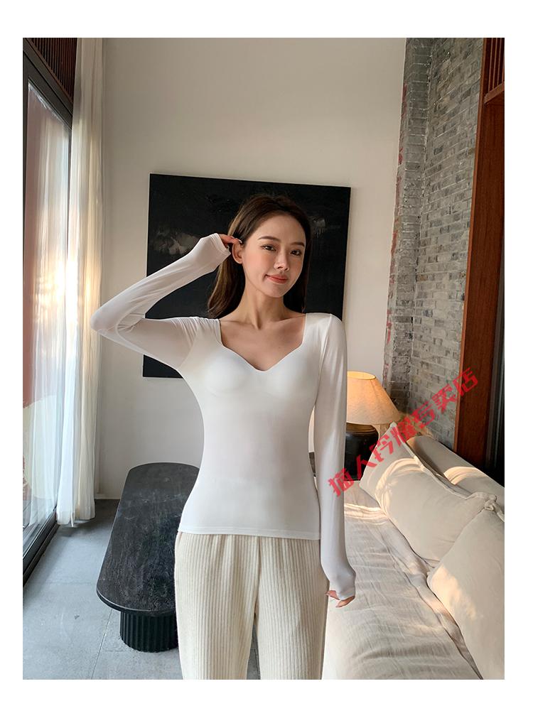 胸垫罩杯一体低领深v领无痕打底衫秋衣上衣冬天穿浅驼色m建议90105斤
