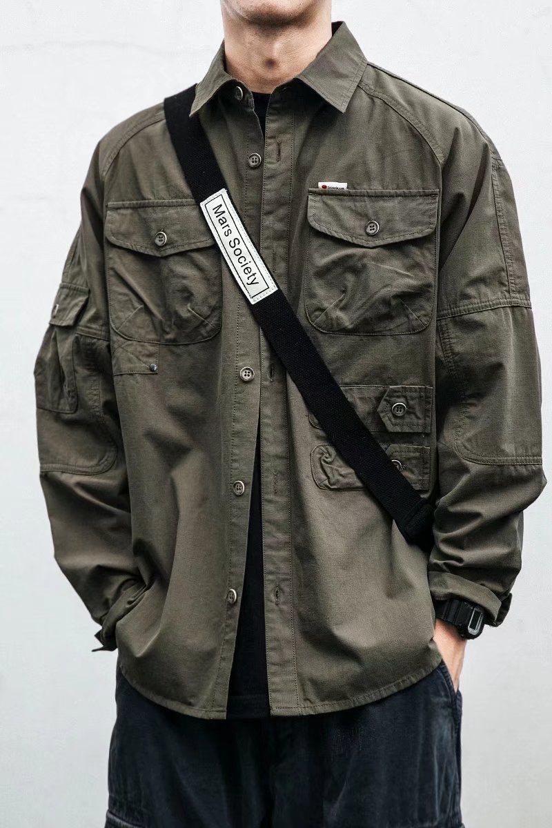 日式工装外套男士多口袋夹克秋季复古男长袖痞帅宽松大码百搭上衣t36