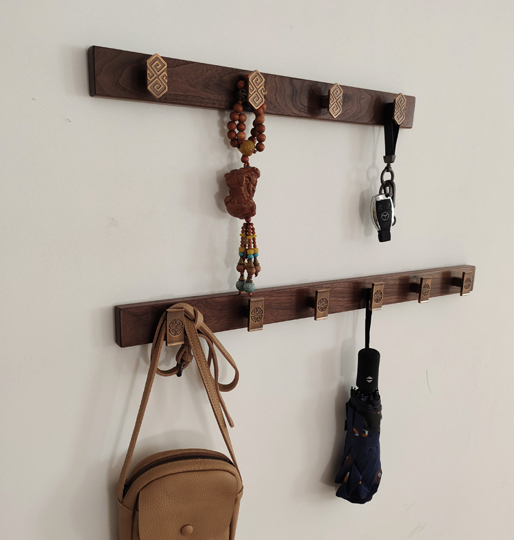 钉墙上的挂衣架木式新中式挂衣钩进门玄关衣帽钩黑胡桃墙壁木创意免钉