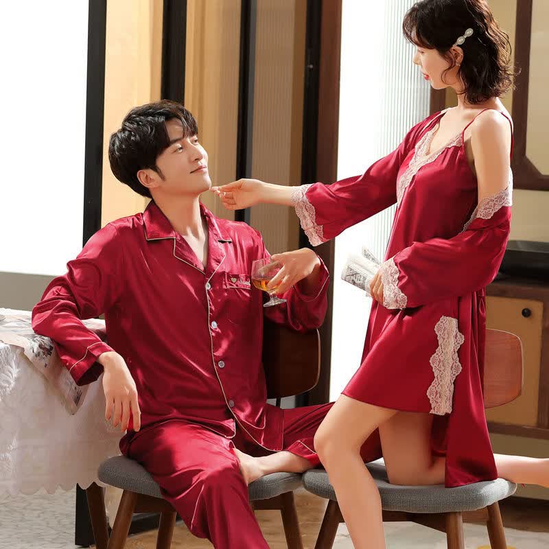 春秋情侣睡衣夏季绸薄款睡裙睡袍男真丝长袖家居服两件套装hx2158豆沙