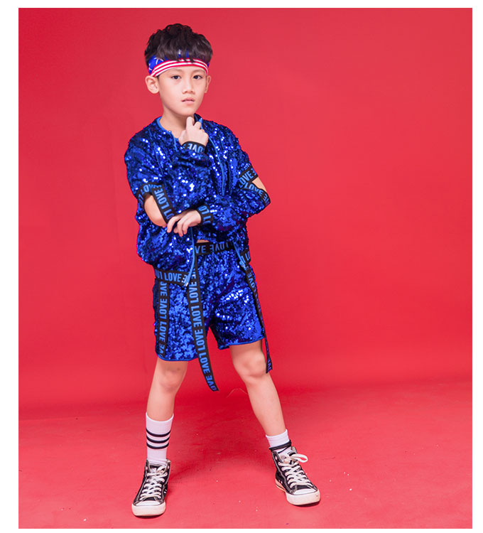 架子鼓演出服装男六一儿童节演出服亮片男嘻哈街舞套装爵士舞服装走秀