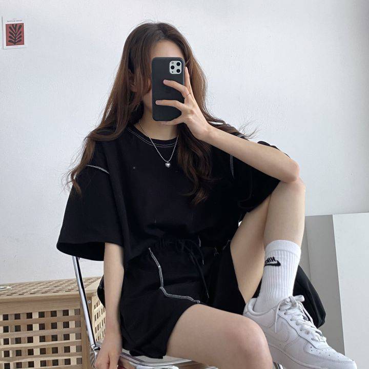 2022新款运动短袖短裤女黑色两件套夏季时尚休闲运动服套装宽松加大码
