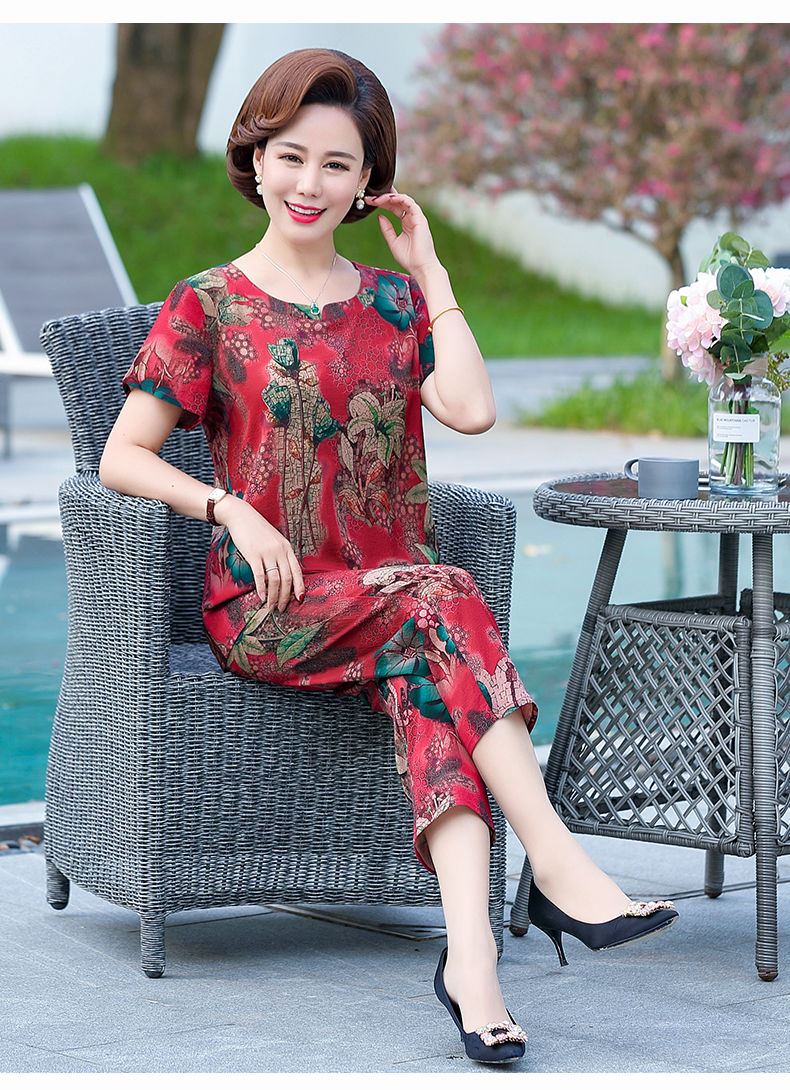 妈妈装夏天套装4060岁2022夏装新款中老年女夏季两件套短袖衣1915藏青