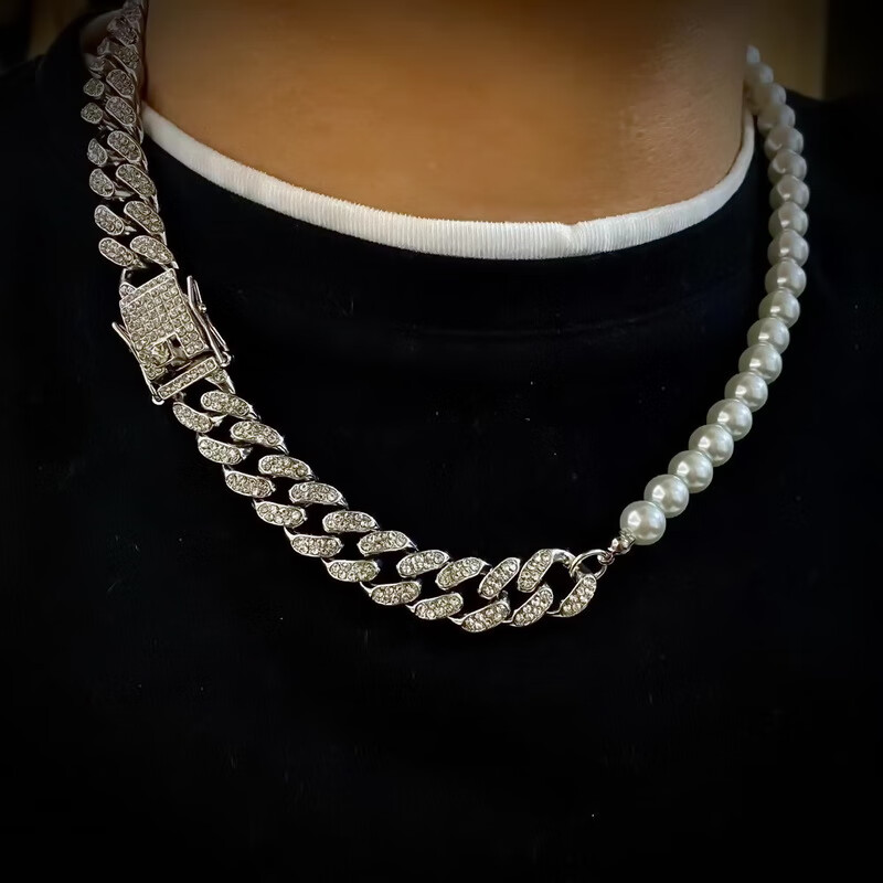 彬清彬清嘻哈街头镶钻古巴链珍珠项链拼接满钻粗男士网红说唱潮饰七夕
