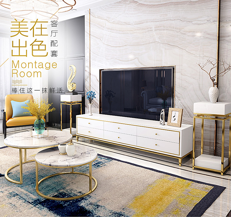 伊琦美 茶几 轻奢圆形金色创意茶几烤漆后现代客厅简约不锈钢大理石轻奢茶台 60+80组合套装