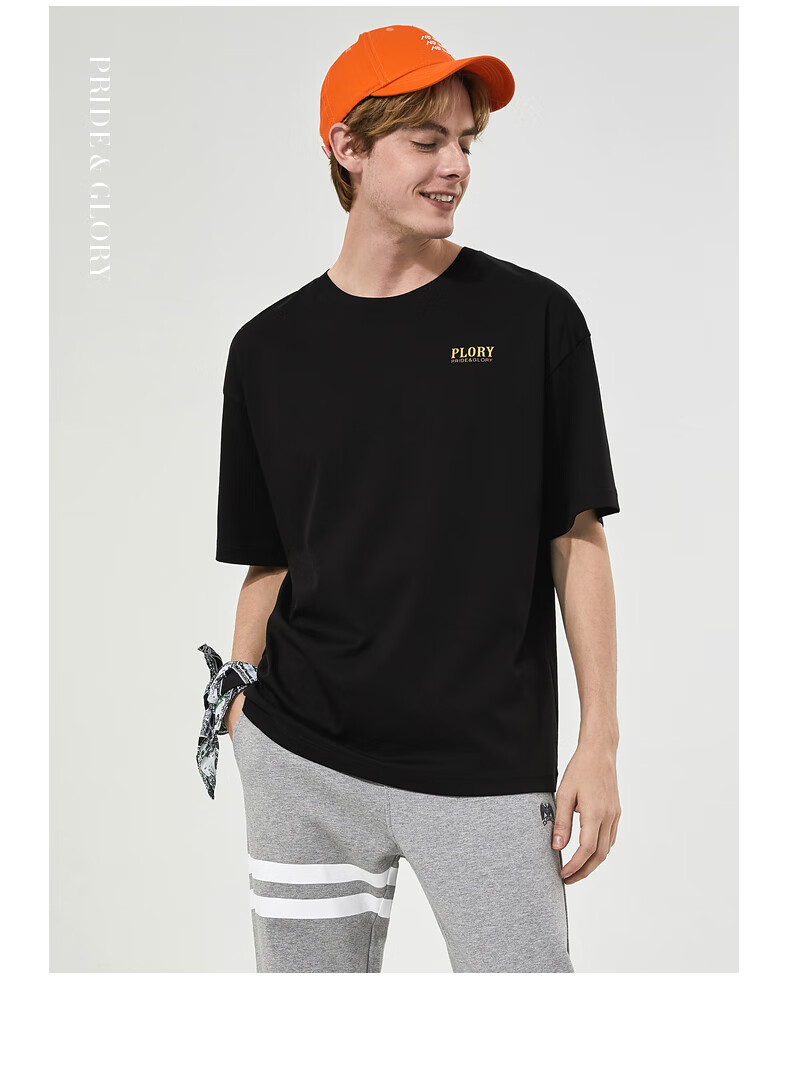 plory秋冬新款后背大老鹰logo男士休闲短袖t恤porab2603n黑色165