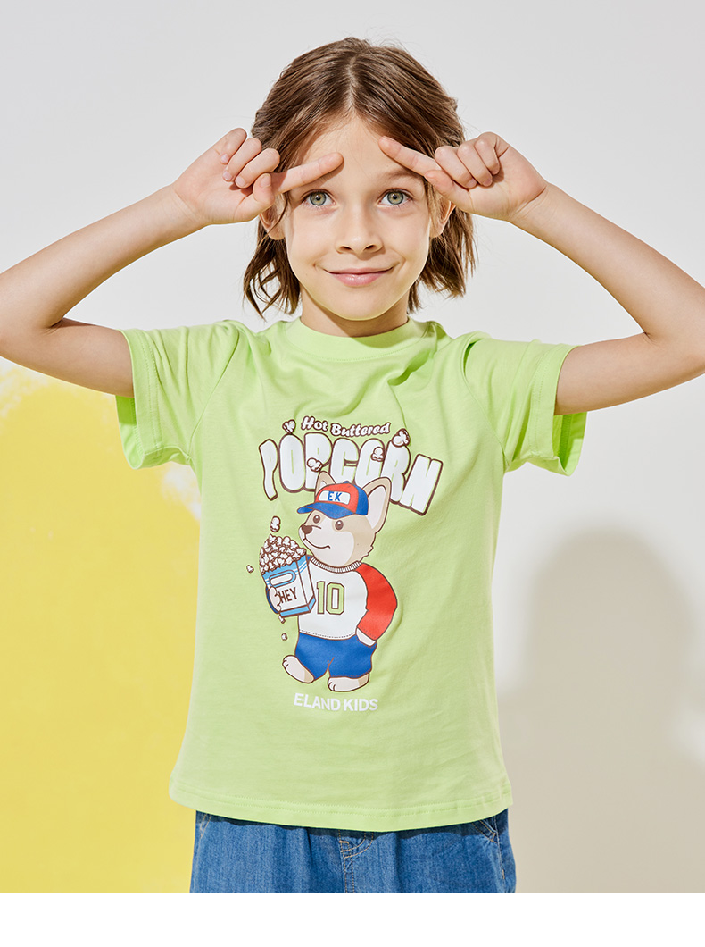 elandkids衣装夏季男童卡通熊印花时尚短袖t恤绿色170cm