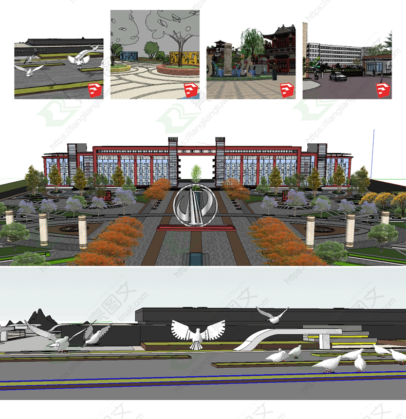 草图大师新中式大学中学学校校园文化公园广场景观雕塑景墙su模型