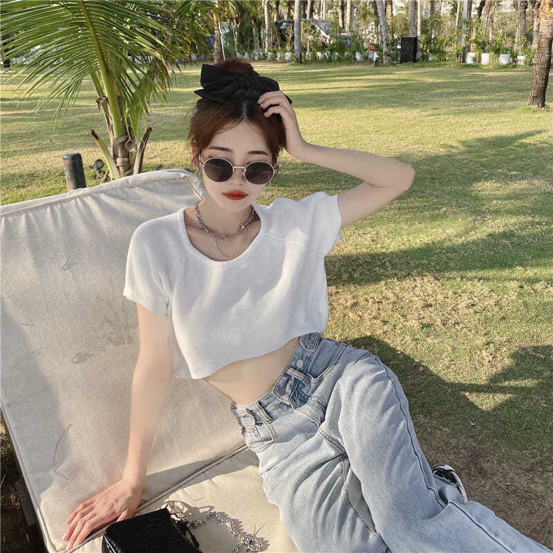 一字肩雪纺衫短袖短袖恤女夏季新款打底衫韩版小心机露脐显瘦女生短款