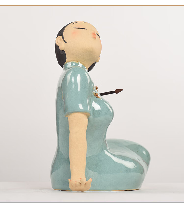 石湾公仔陶瓷古代美女艺术人物摆件客厅电视柜复古工艺品家居饰品蓝釉