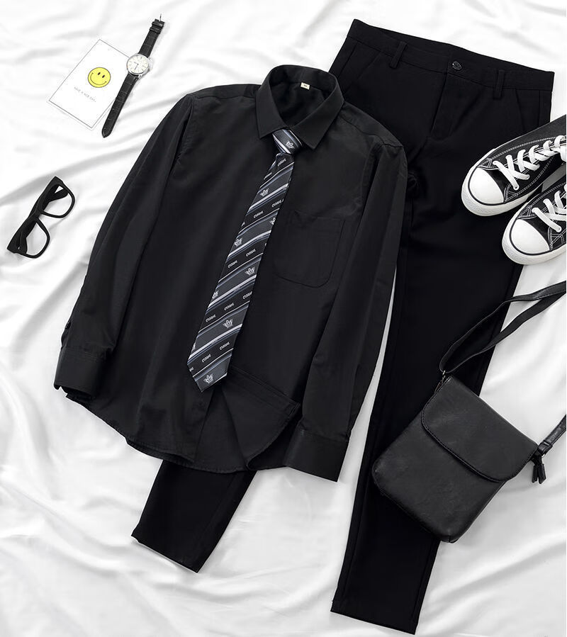 dk衬衫男制服套学生黑色衬衫长袖领带学院风jk衬衣刺绣套装z黑长袖