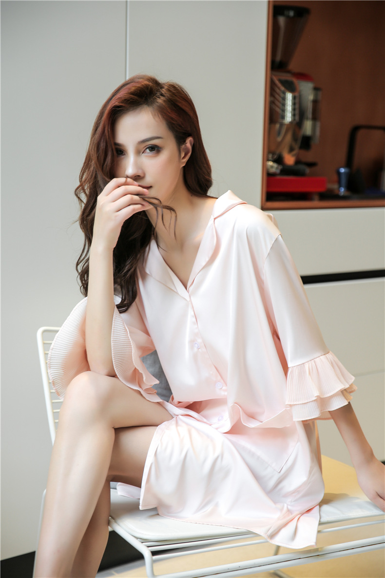 2020年新款夏季冰丝性感情趣衬衫裙薄款睡衣家居服女荷叶边白色均码