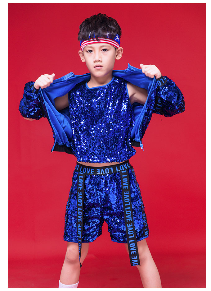 架子鼓演出服装男六一儿童节演出服亮片男嘻哈街舞套装爵士舞服装走秀