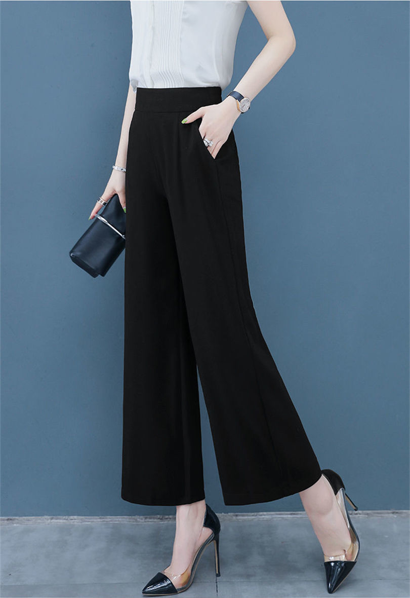 冰丝阔腿裤女夏2021新款薄款八分九分裤高腰宽松显瘦垂感休闲裤黑色八