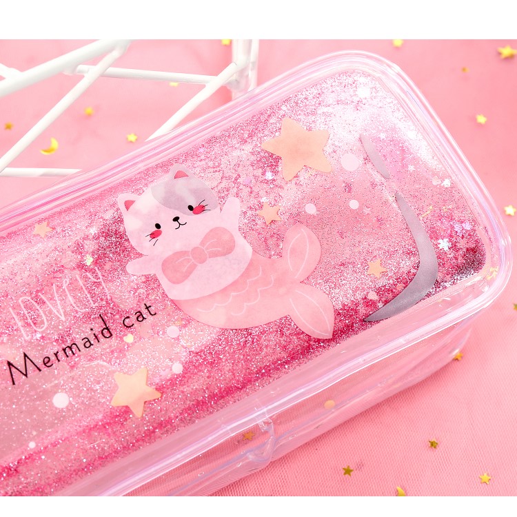 少女心流沙笔袋小学生女可爱简网红铅笔盒透明大容量文具袋粉色我超甜