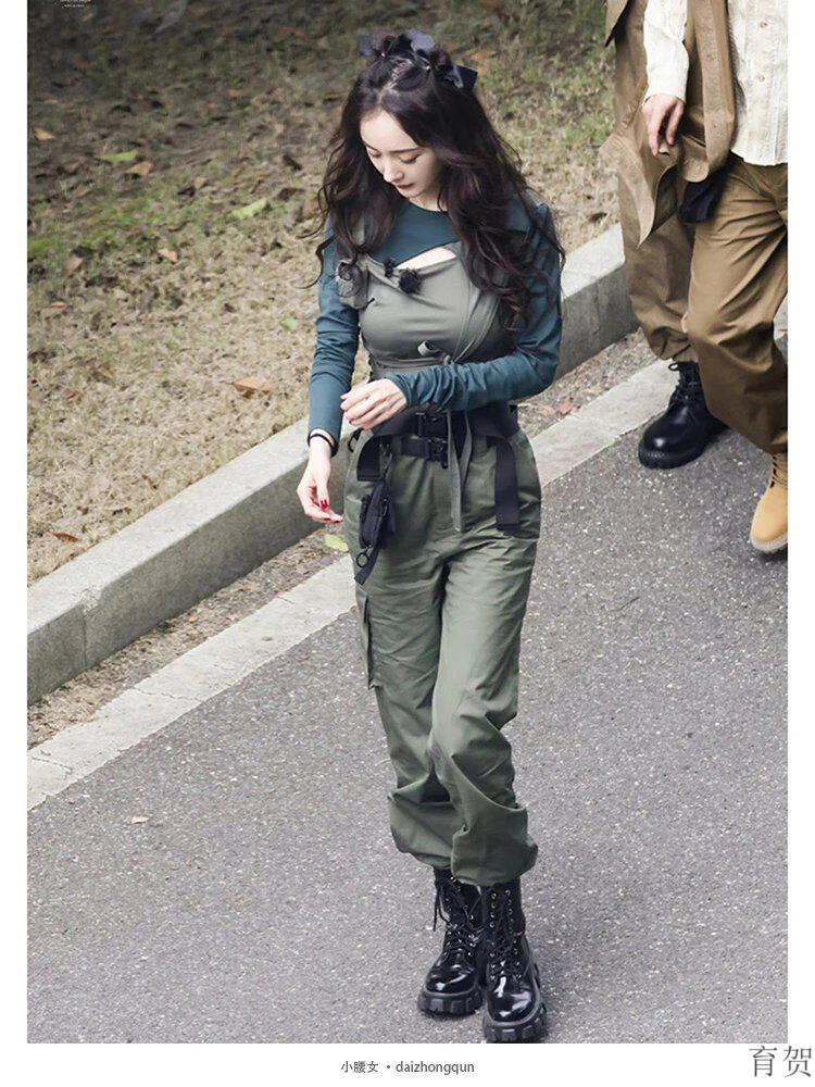 花儿与少年杨幂同款军绿色工装裤秋季长裤休闲户外军旅收脚裤子女 假