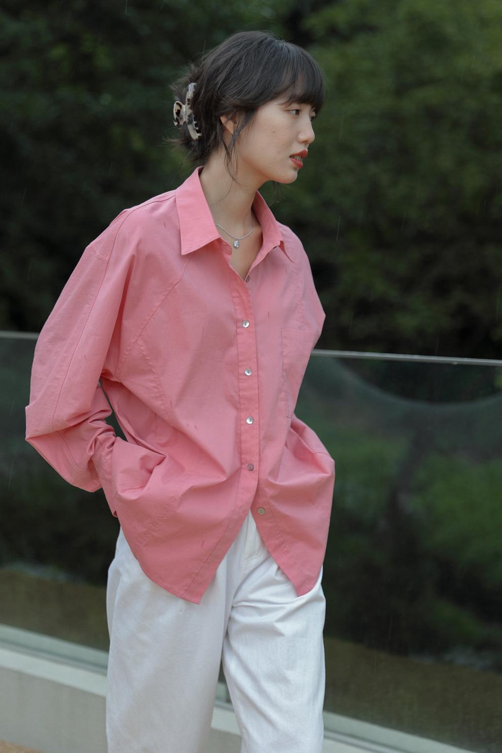 久研屋廓形粉色衬衫女秋款纯色长袖方领衬衣女早秋小众设计感宽松上衣