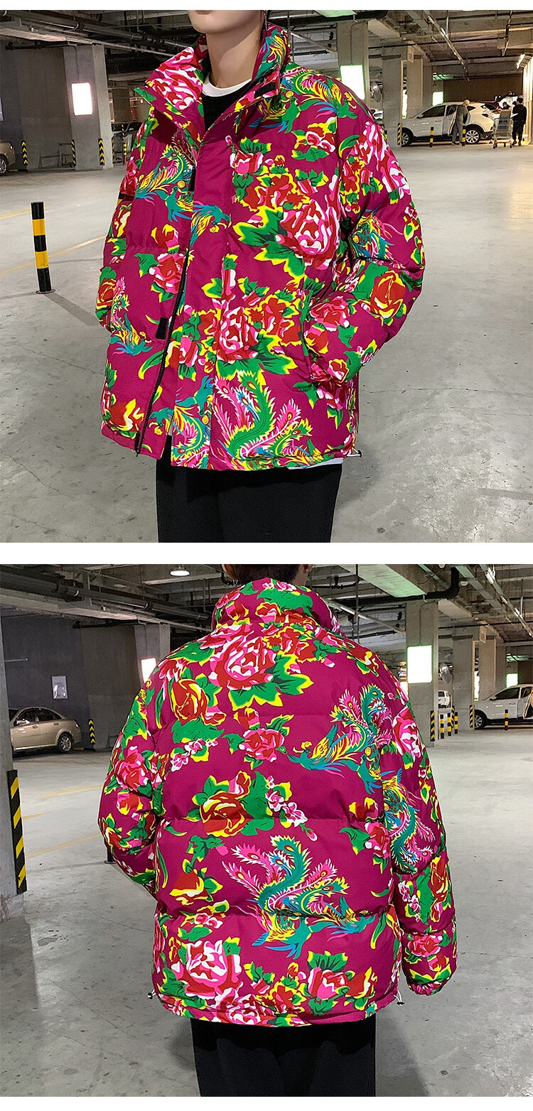 东北大花棉袄男冬季加厚棉服中国风牡丹花棉衣外 黑色牡丹花 xl【图片