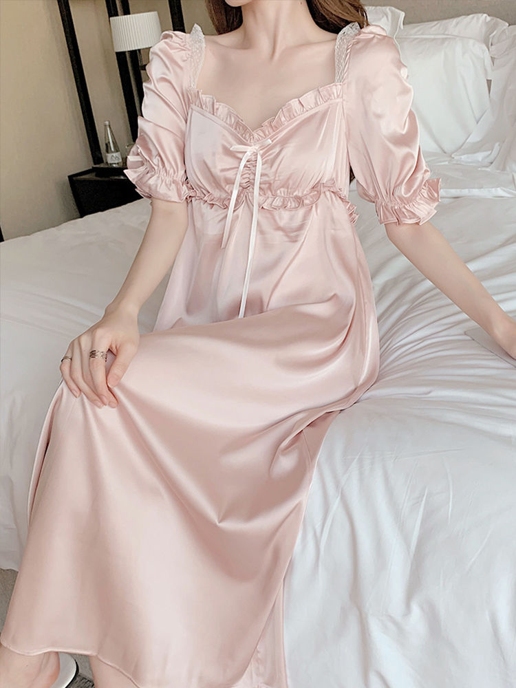 法式公主风睡衣女夏薄款短袖春秋睡裙长款丝绸蕾丝花边带胸垫香槟色