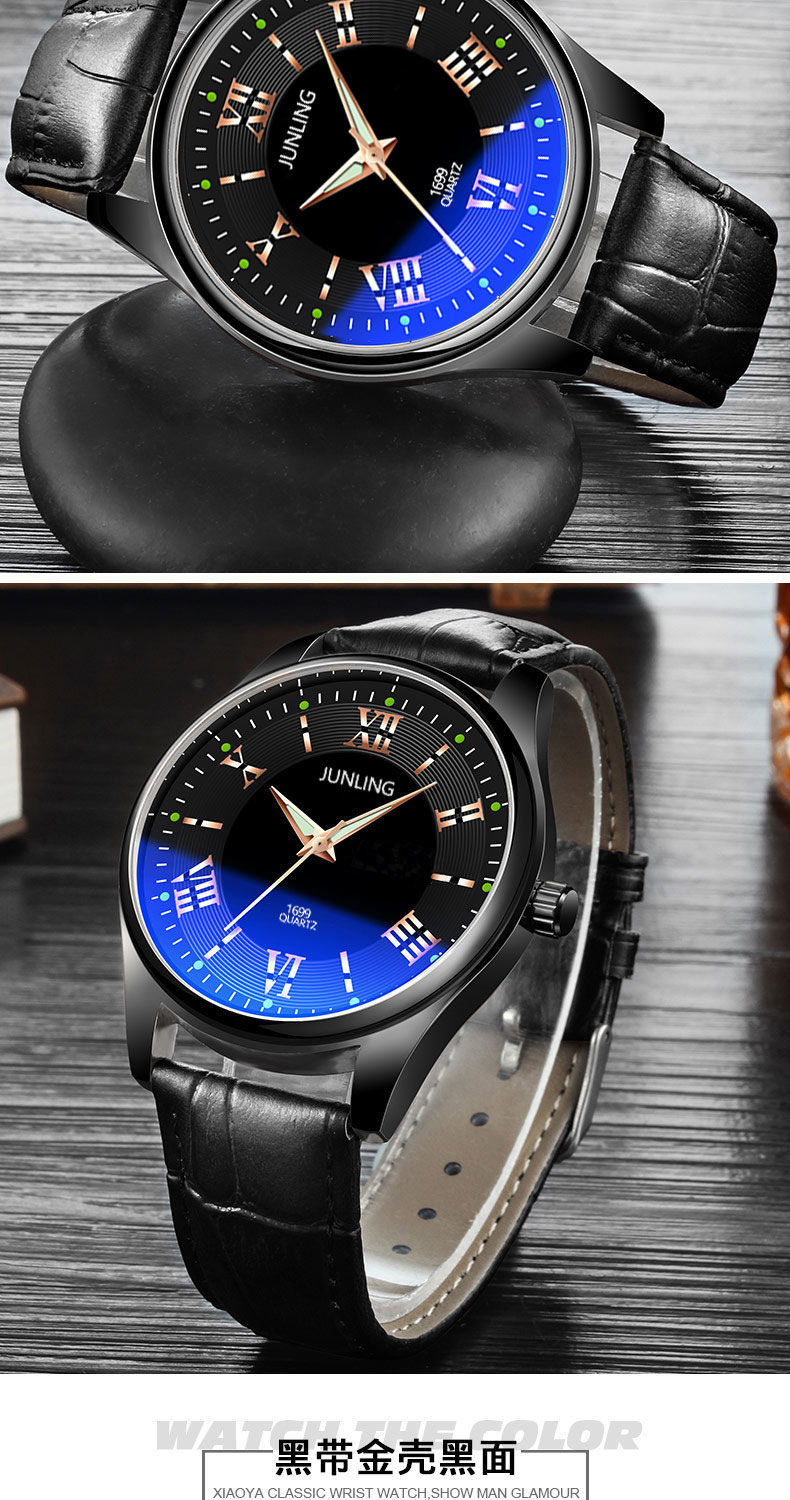 夜光手表男学生韩版简约时尚男士腕表情侣手表女黑壳黑面黑带1699夜光